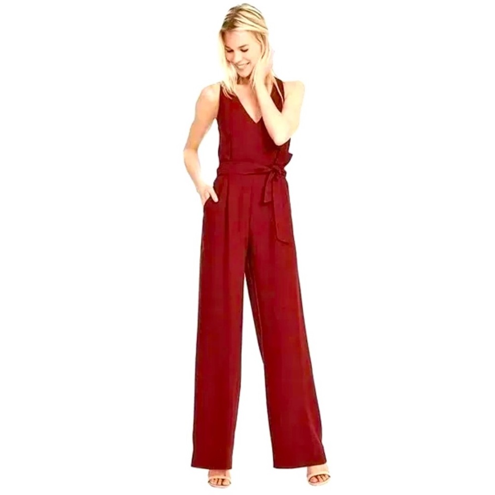 Banana Republic Stretch Crepe Sleeveless V-Neck Wide Leg Jumpsuit Holiday Red 10
